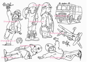 Boys playing as firefighter, soldier, pilot, Plane , fire engine, rubber stamps SB100A