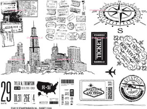 Travel stamps, Urban Skyline, Compass, City Rubber Stamps SB154A 