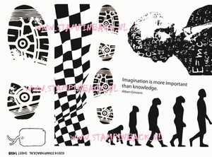 Bootprint, checkered flag pattern, evolution, Einstein art rubber stamps SB145b