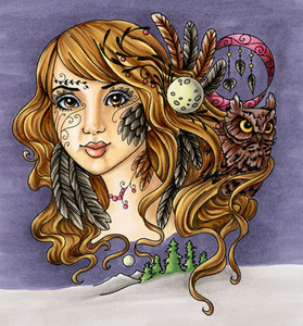 Elements - Wind Goddess with Owl Line art rubber stamp Carmen Medlin Designs