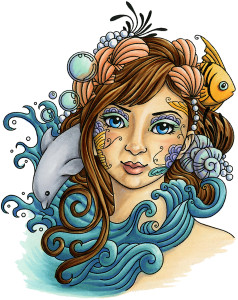 Elements - Water Goddess stylized rubber stamp woman with waves, dolphin and fish