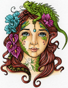 Elements - Earth Goddess Portrait style rubber stamp of a Woman with Iguana