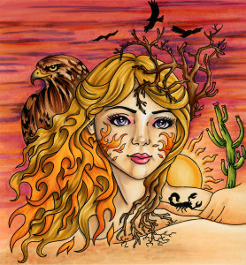 Elements - Fire Summer Desert Portrait style rubber stamp of a Woman 