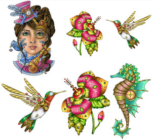 Eclectic Steampunk Woman, Flowers and Hummingbirds Rubber Stamp Collection
