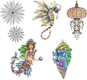 Eclectic Sea Rubber Stamps Collection with Mermaid, Seahorse, Chrysalis, Jellyfish Lantern