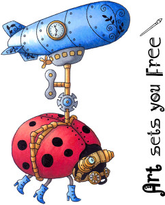Fancy Free Lady Bug Airship steampunk mech style rubber stamps Set includes sentiment