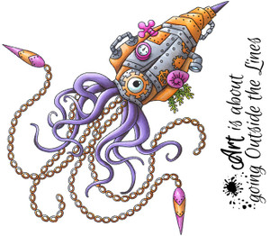 Ink Splats Steampunk Mech Squid with sentiment rubber stamp Set