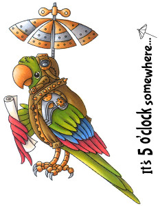 Special Delivery Parrot with Umbrella steampunk mech stylized rubber stamps Set with words