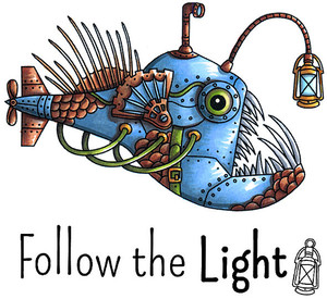 Lantern Fish with sentiment art rubber stamps Steampunk Mech style Incandescent Light Set