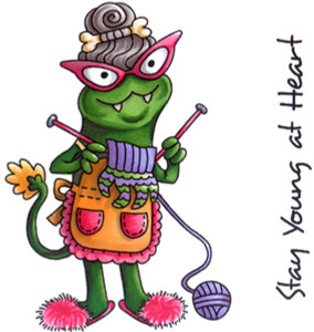 Stay Young at Heart Knitting Curiosity named Lovester rubber stamp Carmen Medlin Designs