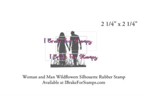 silhouette style stamp, man and woman with wildflowers, red rubber stamp