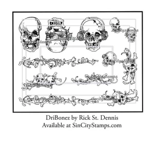 DriBonez Skulls and Bones Borders Art Rubber Stamp Sheet by Rick St Dennis SCRSD-003