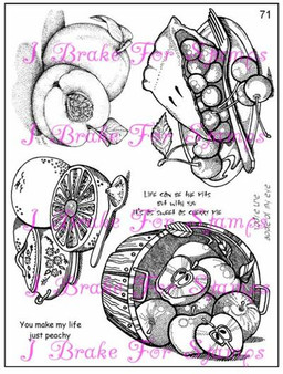 rubber stamps of peach fruit, blueberry pie slice, grapefruit with spoon of sugar, barrel of apples tipped on the side, 3 word phrases