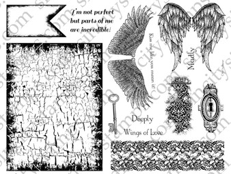 Heart Feather Wings Crackle Background, Distress Texture Tag borders and more Rubber Stamp Set SC0025