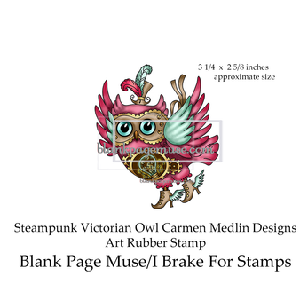 Steampunk Victorian Owl art rubber stamp Carmen Medlin Designs IBFSCM001-3