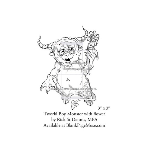 Tworki Boy Monster holding a flower Line Art style Rubber Stamp designed by Rick St Dennis RSDIBFS010-07