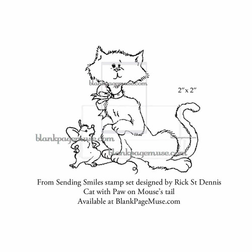 Rick St Dennis MFA's Cat with Paw on Mouse's Tail line art rubber stamp, depicting a playful cat and mouse scene