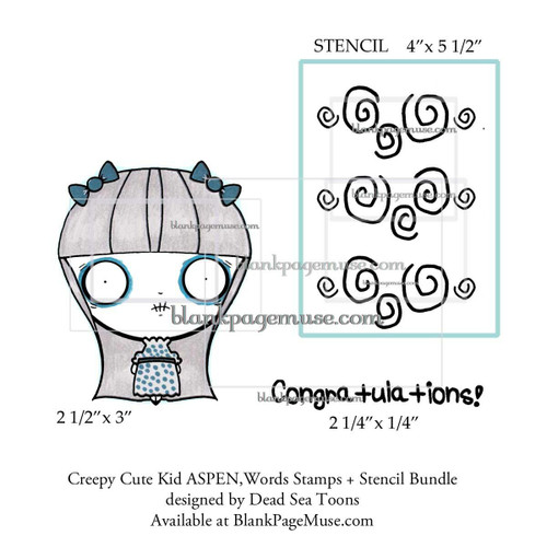 Aspen Creepy Cute Kid with Congratulations Word and Swirl Stencil Bundle Dead Sea Toons DSTAspenBn