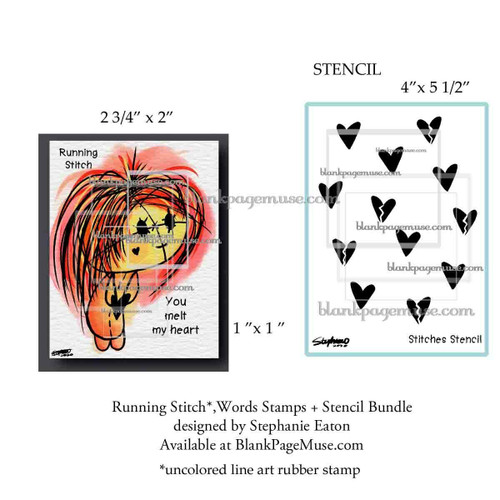 Running Stitch, You melt my heart words rubber stamps and Stencil Bundle designed by Stephanie Eaton SERunBn