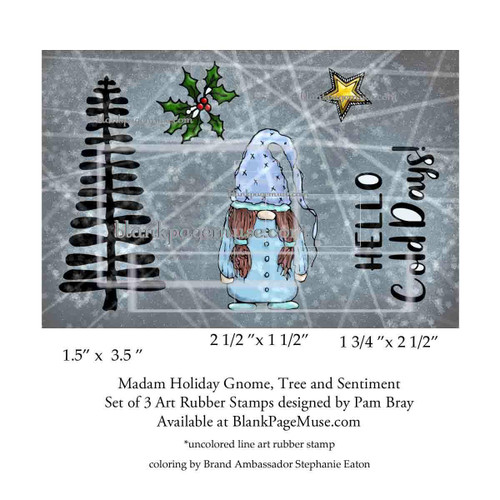 Madam Holiday Gnome Tree Hello Cold Days words Art Rubber Stamps designed by Pam Bray PBGnHello