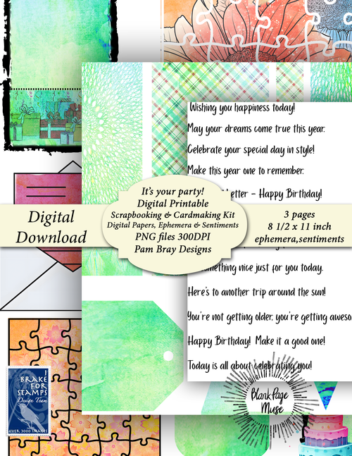 Pam Bray Designs digital download printable at home papers 8 1/2 x 11 inch ephemera, with tags puzzle and sentiments