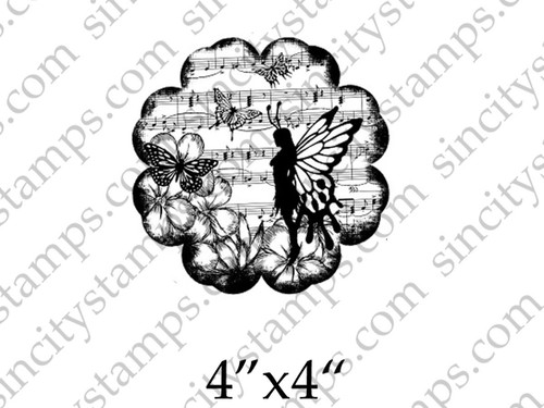 Flower shape Fairy Butterfly Music Art Rubber Stamp