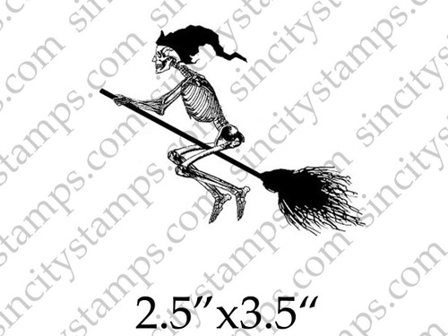 Skeleton Witch on Flying Broom Art Rubber Stamp