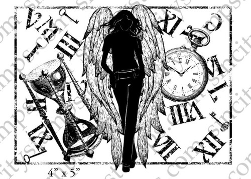 Angel of Time Pocket Watch Hourglass Collage Art Rubber Stamp by Terri Sproul