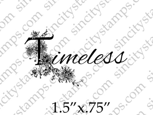 Timeless with Floral Spray Word Art Rubber Stamp