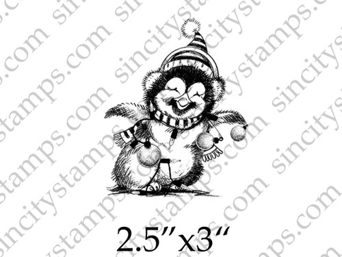 Happy Penguin with Light and Ornament String Rubber Stamp