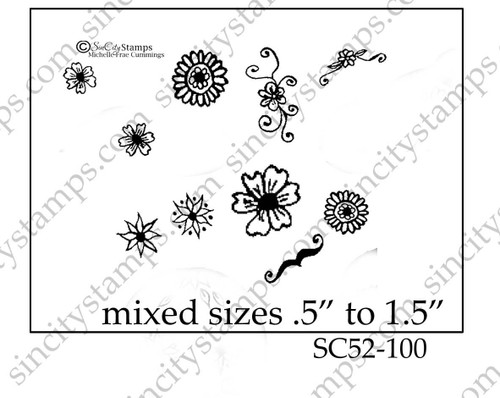 Assorted Flowers, Flourishes and Mustache Line Art Rubber Stamp Michelle Frae Cummings SC52-100
