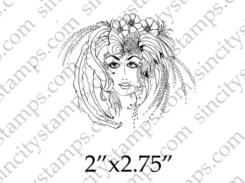 Fancy Face Lady with Hibiscus Flowers and Feathers Art Rubber Stamp SC53-4