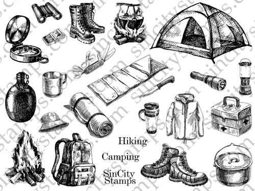 Camping and Hiking Line Art Rubber Stamp Set Sheet SC111