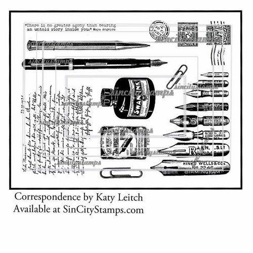 Correspondence Pens, Ink and Postage Art Rubber Stamp Sheet by Katy Leitch SCKTL-001