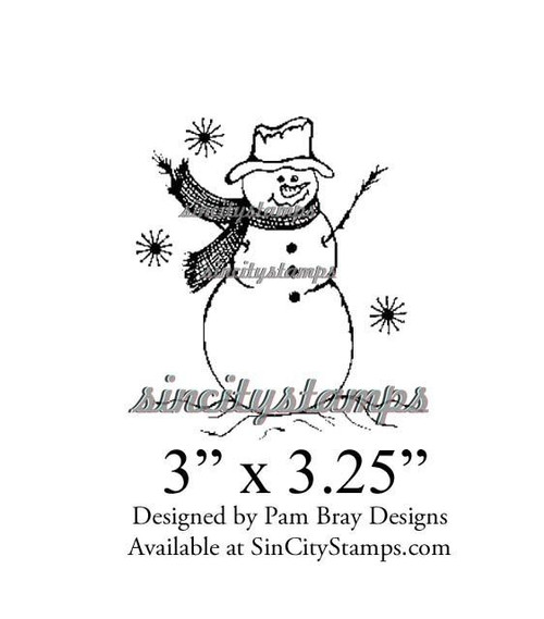 Snowman with Scarf and Snowflakes Art Rubber Stamp Pam Bray Designs SC47-06