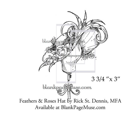 Feathers and Roses Fancy Hat Line Art Rubber Stamp designed by Rick St Dennis RSDIBFS012-02
