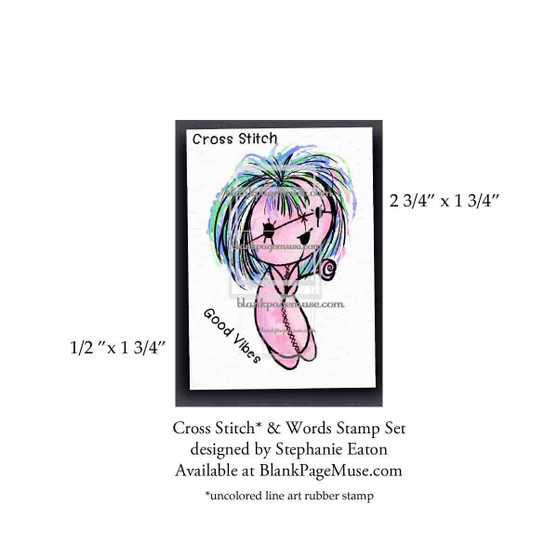 Cross Stitch Good Vibes sentiment Character Rubber Stamp designed by Stephanie Eaton SECross
