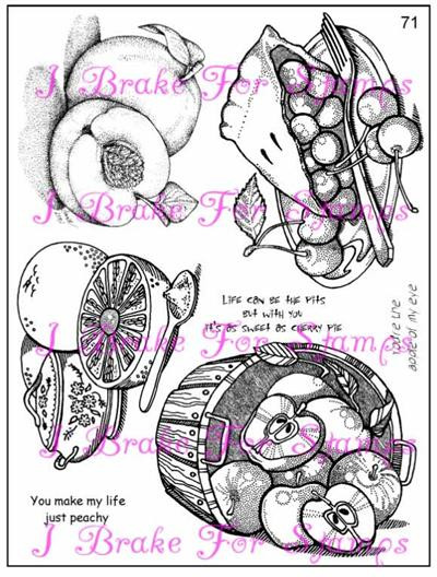 rubber stamps of peach fruit, blueberry pie slice, grapefruit with spoon of sugar, barrel of apples tipped on the side, 3 word phrases
