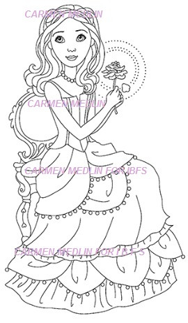 Beauty Seated Woman in Ball Gown with Rose rubber stamp