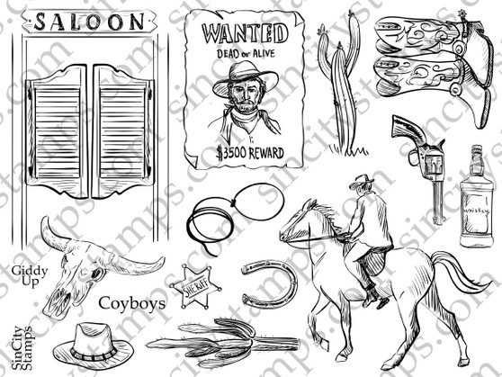 Western Days Cowboys Theme Line Art Rubber Stamp Sheet SC99