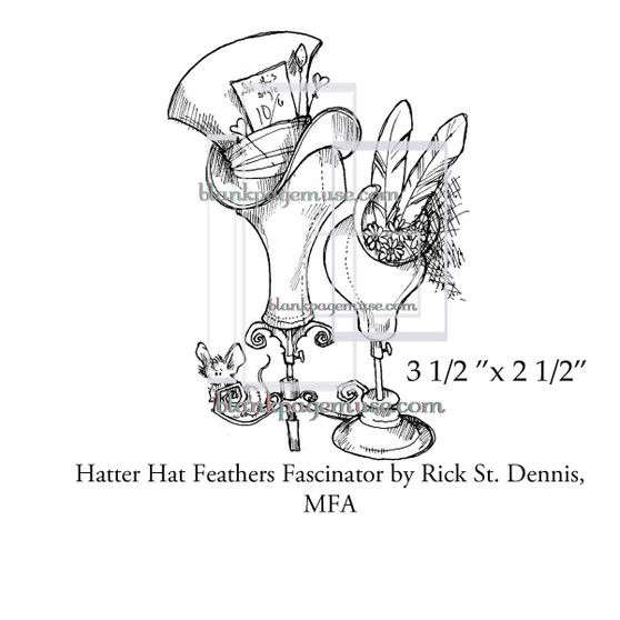 Hatter Hat and Feathers Fascinator Tiny Mouse Hats on Stands Line Art Rubber Stamp Rick St Dennis RSDIBFS012-04