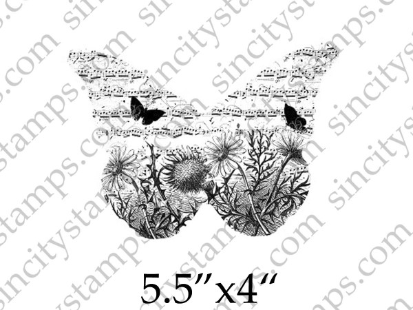 Butterfly Large with flowers Art Rubber Stamp