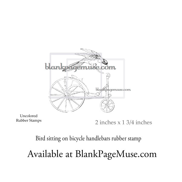 Bird sitting on handlebars of bicycle art rubber stamp