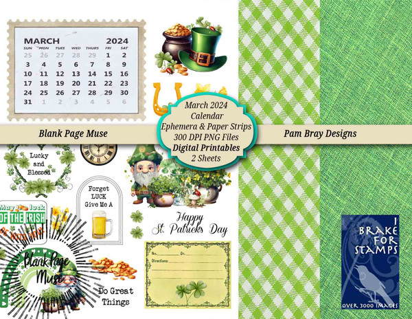 Digital Page with Small Calendar and Versatile Green-themed Images 2024 March Pam Bray Designs