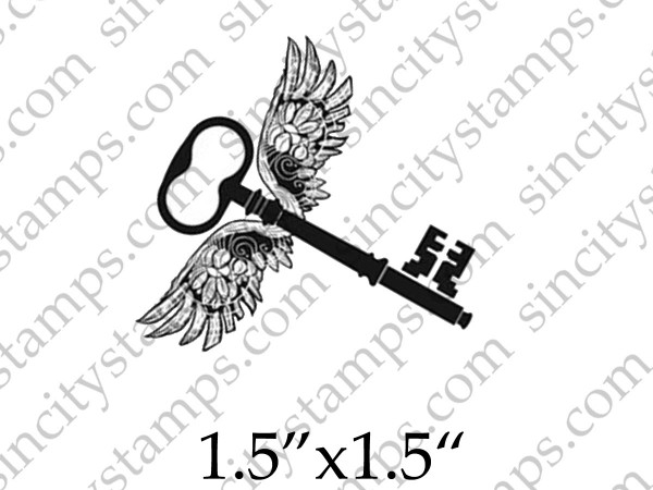 Old Style Key with Wings Art Rubber Stamp