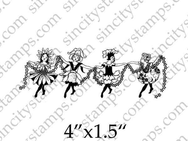 Flower Dancing Girls Line with Garland Art Rubber Stamp
