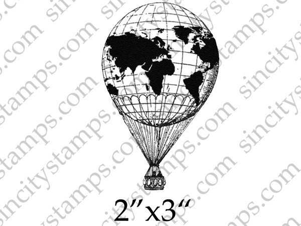 World Map Hot Air Balloon Steampunk Rubber Stamp