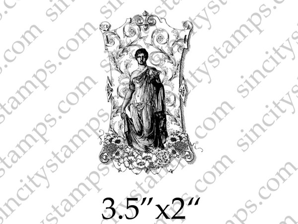 Greek Statue on Floral Banner Art Rubber Stamp