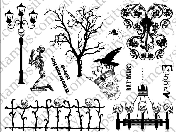 Skeletons Halloween Art Rubber Stamp Sheet Set SC40