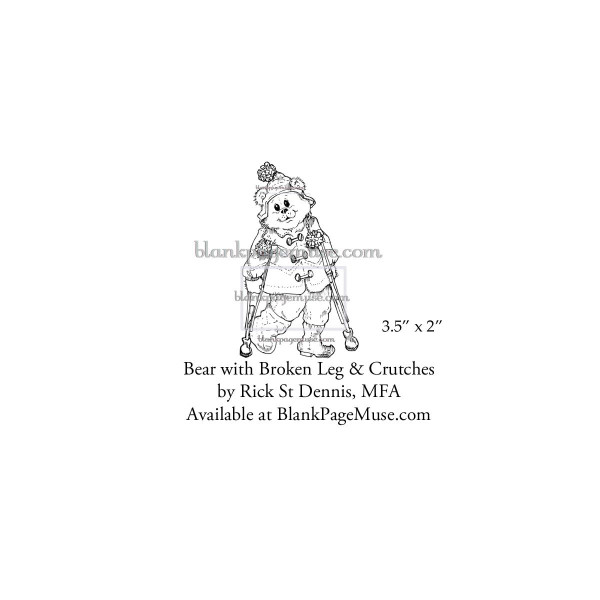 Whimsical Bear with Broken Leg on Crutches Line Art Rubber Stamp by Rick St Dennis RSDIBFS013-01
